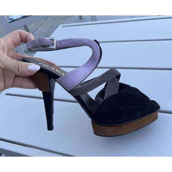 Prada Suede Color Block Put Out Heeled Sandals - Size 36.5/ US 5.5 - Multic - Picture 2 of 10